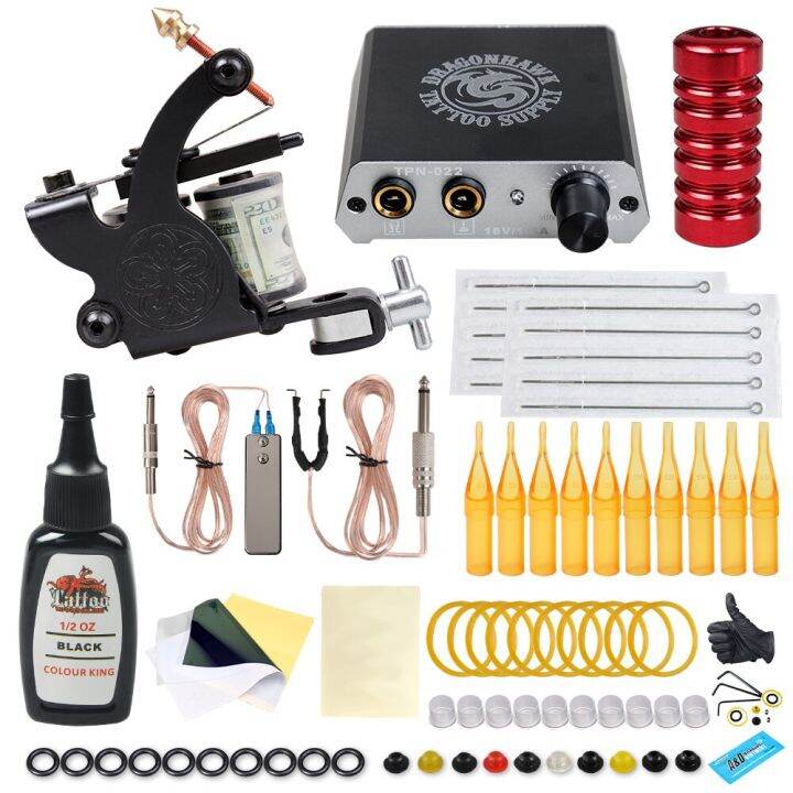 Complete Coil Tattoo Machine Kit Dragonhawk Mini Power Supply Needles Professional Tattoo with