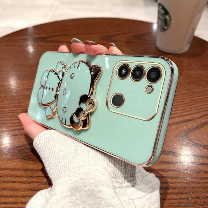 folding-makeup-mirror-phone-case-for-infinix-tecno-spark-go-2022-spark-8c-kg5-kg5j-kg5k-case-fashion-cartoon-cute-cat-multifunctional-bracket-plating-tpu-soft-cover-casing