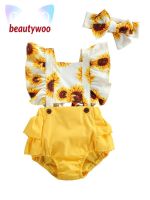 【Beautywoo】0-24M 2Pcs เด็กเด็กทารกหญิงเด็กวัยหัดเดินเด็กฤดูร้อน Sunflower พิมพ์ลายดอกไม้แขนกุด Romper Leotard + Headwear ชุด