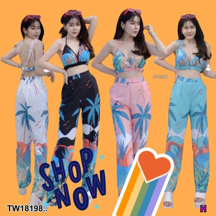 tw18198-set-2-ชิ้น-เสื้อสายผูกไหล่-พิมพ์ลาย-กางเกงขายาว