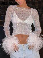 ALLNeon Festival Rave Outfits Transparent Fishnet Crop Tops Women Y2K Sexy Clubwear Feather Trim Long Sleeve T-shirts Party New