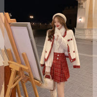 ร้อน, ร้อน★2Pc New Years Small Fragrance Suit Female Spring and Autumn Fashion New Red Woolen Winter Skirt Two-piece Women Casual Blazer Jacket + Skirt Suit Coat Suit for Female