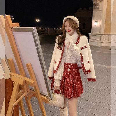 2Pc New Years Small Fragrance Suit Female Spring and Autumn Fashion New Red Woolen Winter Skirt Two-piece Women Casual Blazer Jacket + Skirt Suit Coat Suit for Female