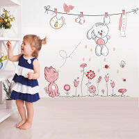 【Cw】Pink Cartoon Cat Rabbit Flower Wall Sticker For Baby Girls Kids Rooms Home Decor Teddy Bear Umbrella Classroom Wall Decals ซื้อทันทีเพิ่มลงในรถเข็น