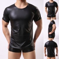 CODLiang Te Mens Pu Leather Black Dance Round Neck Short Sleeve T-shirt Tops Club Pullover