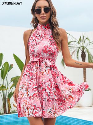 Summer Chiffon Dress Women Sexy Floral Print Ruffle Bandage Holiday Beach Sundress Casual Pink Halter A-line Short Dresses 2023