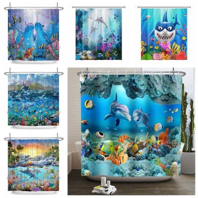 Ocean Underwater World Shower Curtain Dolphin Turtle Coral Seabed Shark Baby Home Decor Waterproof Bathroom Curtain With Hooks