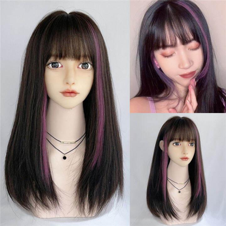 ร้อน-vicwig-สีดำสีชมพูไฮไลท์ยาวตรงวิกผมสังเคราะห์สีผมคู่สาวคอสเพลย์ใช้ชีวิตประจำวันกับเรียบโลลิต้าวิกผม