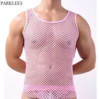 hot【DT】 Pink Mesh See Through Fishnet Top Men 2021 New Perspective Sleeveless Fitted Muscle Male Tees