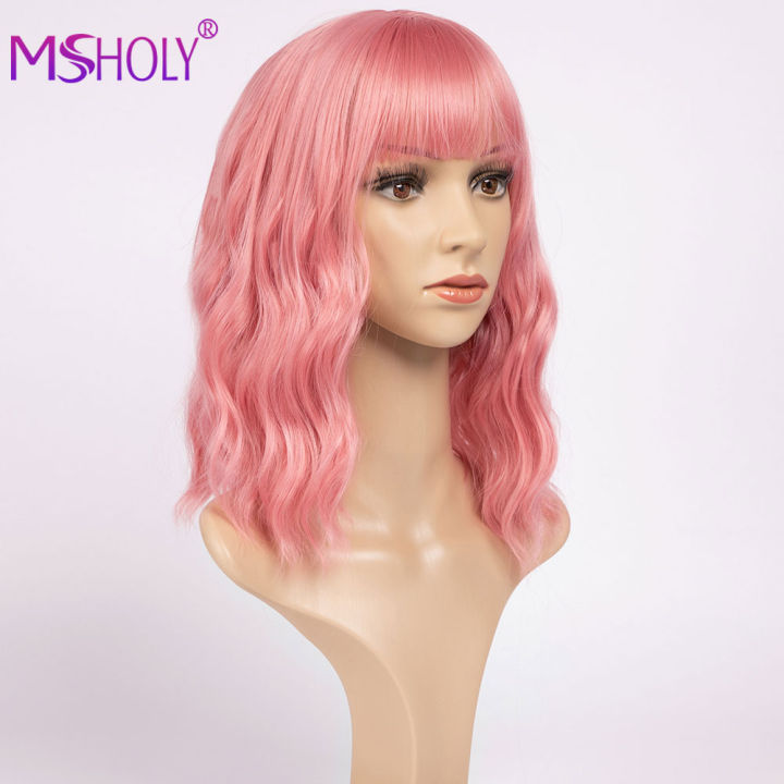 pink-wavy-wig-with-bangs-short-bob-wig-curly-wavy-bob-synthetic-red-blonde-green-purple-wigs-high-temperature-cosplay-wig-msholy-timezone
