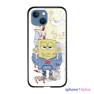 GGK เคสเคสสำหรับ Apple iPhone 15 Plus 15 Pro Max 15 Pro กันกระแทกน่ารักการ์ตูน SpongeBob สี่เหลี่ยมนุ่มขอบเคสมันวาวกระจกเทมเปอร์ฝาหลัง