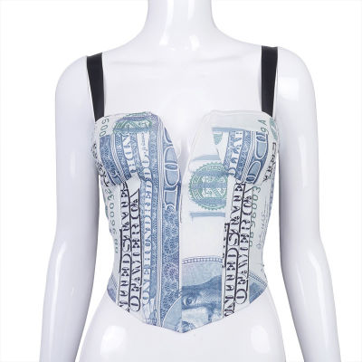 Sexy Women Dollar Money Print Plunge V Neck Push Up Bustiers Corsets Camisole Off Shoulder Slim Crop Tops Clubwear Party Outwear