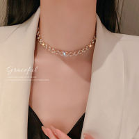 New Elegant Exquisite Gold Plated Metal Chain Choker Necklace For Women Shining Rhinestone Pearl Clavicle Necklace Jewelry