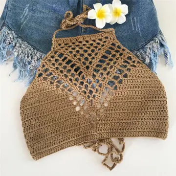Women Boho Crochet Lace Bralette Knit BraBeach Bikini Halter Cami Crop Bath  Top