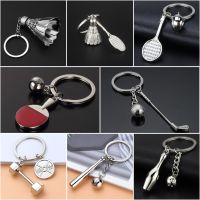 Creative Mini Badminton Racket Keychain Bowling Golf Ball Tennis Dumbbell Sports Key Ring Women Men Car Bag Phone Case Pendent