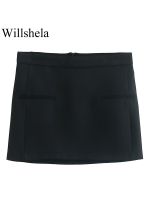 Willshela ซิปหลังกระโปรงแม็กซี่ผ้าชิฟฟอน ROK Mini สีดำล้วนแฟชั่นสำหรับผู้หญิงสำหรับผู้หญิงกระโปรงสั้นสำนักงานของผู้หญิงเก๋ไก๋