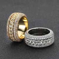 HOYON Moissanite Diamond Shape Cuban Rings For Men S925 Sterling Silver Gold Rings 3 Layers Hip Hop Goregous Sparkling Jewelry