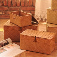 3pcsset Handmade Seagrass Woven Storage Box Rattan Storage Finishing Basket with Lid Sundries Bath Cosmetic Towel Container