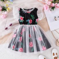 Kids Girls Flower Print Dress 2023 Summer Children Lace Flying Sleeve Mesh Swing Gown Dress Birthday Party Princess Dress 4-7Y  by Hs2023