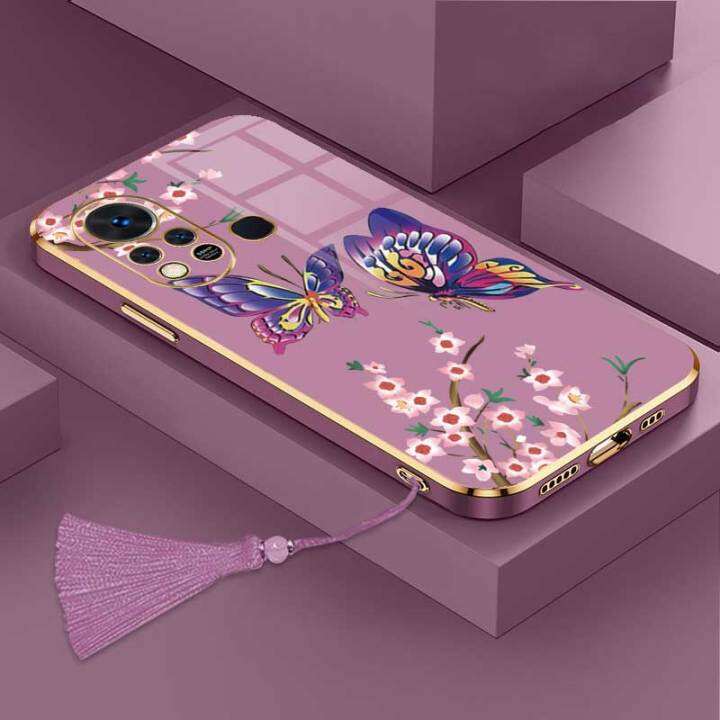 เคสสำหรับ-infinix-hot-11s-infinix-hot-11s-nfc-สุดหรูผีเสื้อกับกล้องดอกไม้เคสโทรศัพท์ขอบชุบกรอบซิลิโคนนิ่มพร้อมฟรีสายคล้อง