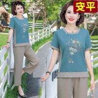 Middle-aged mother summer wear cotton and linen suit 50 middle-aged and old women short sleeve T-shirt to the old western style twinset coat