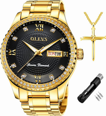 OLEVS Diamond Watches for Men,Business Dress Watch Waterproof Luminous,Male Golden Big Dial Luxury Casual Quartz Analog Watches with Day Date Calendar and Stainless Steel Band Silent Golden Band and Black Dial