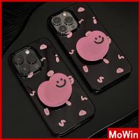 เข้ากันได้สำหรับ เคสไอโฟน เคสไอโฟน11 เคส iphone 11 สำหรับ iPhone 14 Pro Max เคส iPhone กริ๊ปยืนหน้ายิ้มที่วางพับได้สีดำเงา TPU เคสอ่อนตัวอักษรสีชมพูเข้ากันได้กับ iPhone 13 Pro max 12 Pro Max 11 xr xs max 7Plus 8Plus