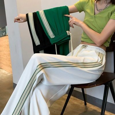 Wide-Leg Pants Women Summer Thin Style 2022 New High Waist Drape Loose Casual Slit All-Match Striped Sports