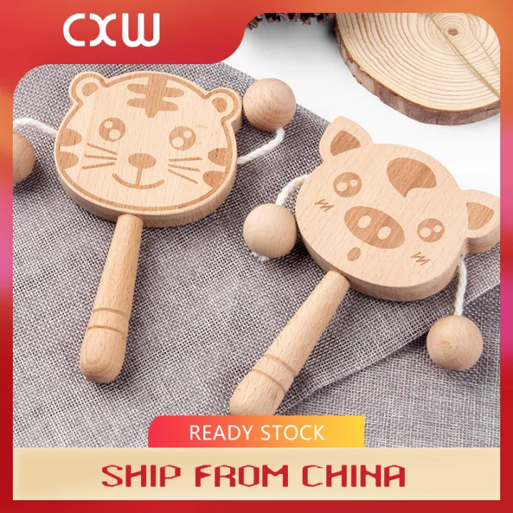 Baby Wrist Hand Rattle Foot Finder Wooden Rattle Drum Pellet Drum