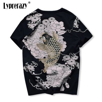 Lyprerazy Japanese Harajuku Ukiyoe Vintage Embroidered T-shirt Men Carp Fish Embroidery Chinese Style T Shirt