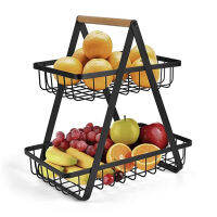 Metal Kitchen Detachable Fruit Basket Holder Portable Wooden Handle Double Layers Shelf Rack for Fruits Vegetables Large Accesso