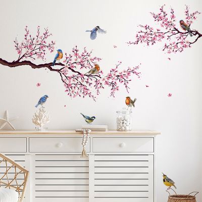 Pink Flowers Branch Birds Floral Wall Stickers for Bedroom Room Background Decals Murals pvc