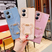 เคสโทรศัพท์ VIVO Y27 Y78 Y02 Y02A Y02T 4G 5G 2023 เคส ปลอกร้อนดีไซน์ใหม่เยาวชนสีลูกกวาดชุบไฟฟ้าซิลิโคนบางพิเศษปกอ่อนพร้อมขาตั้งหมีพับได้ Case