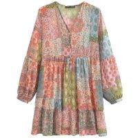 European and American style new fashion trend womens clothing patchwork printed long-sleeved V-neck dress 2587060 330