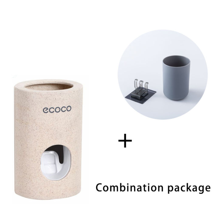 ECOCO Automatic Toothpaste Dispenser Dust-proof Toothbrush Holder Wheat straw Wall Mounted Toothpaste Squeezer for bathroom