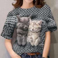 Womens Cartoon Cat Pattern 3D Printing Fashion Short Sleeve Street Personality Fun Harajuku Shirt Sports Oversize Womens Top