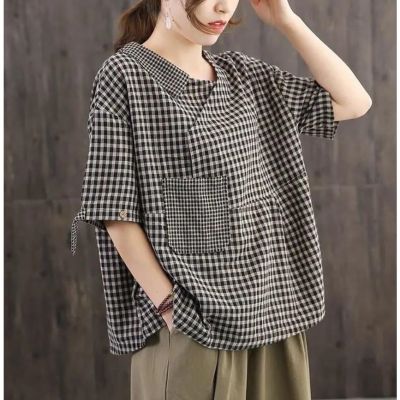 COD DSFDGDFFGHH Cotton Chinese style womens stand up collar button top Vintage Plaid Shirt womens large loose纯棉中国风女装立领盘扣上衣复古格子衬衫女大码宽松显瘦半袖
