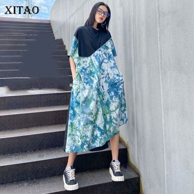 XITAO Dress Patchwork Irregular Women Casual Tie Dyeing Print T-shirt Dress
