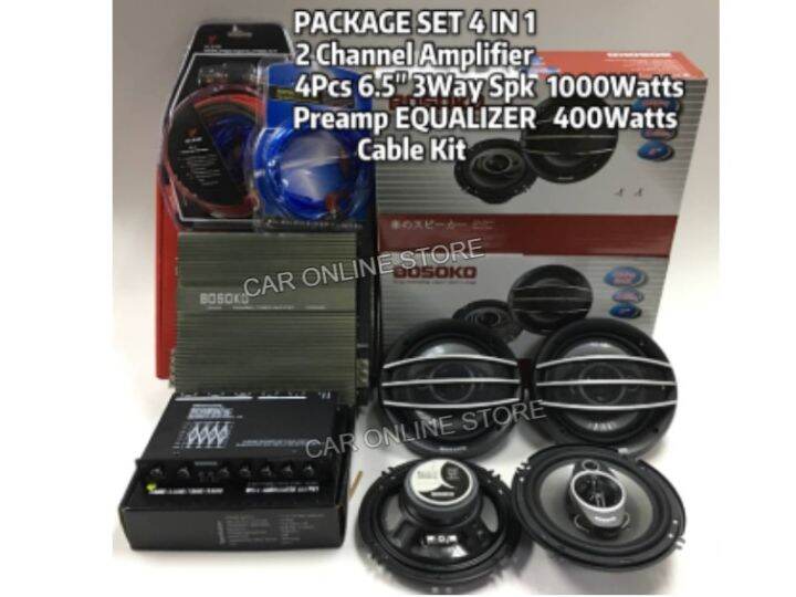 PACKAGE SET BOSOKO (4 in 1) 2Channel AMPLIFIER 1000 Watts + 4 PCS 6.5