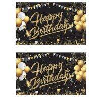 2X Birthday Backdrop Banner Black Gold Backdrop Sign Happy Birthday Party Decoration Set for Girls Men Women Celebration