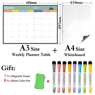 2 PCS Set A3 Size Monthly Planner Table and A4 Size Whiteboard Magnetic Calendar Dry Erase White Board Fridge Message Board