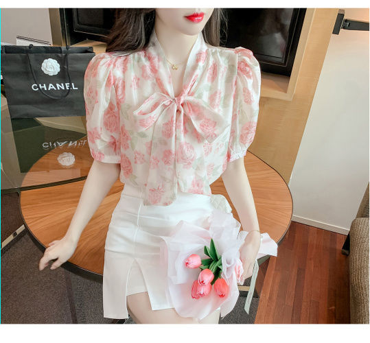 เสื้อยืดแขนสั้นพิมพ์ลายดอกกุหลาบชีฟองสำหรับผู้หญิง-เสื้อเชิ้ตผ้าชีฟองบางอเนกประสงค์2023เสื้อยืดผู้หญิงแฟชั่นแฟชั่นผูกโบว์
