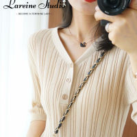 LAREINE เสื้อถักคอวีแขนสั้นสำหรับผู้หญิง,เสื้อถักแบบสวมหัวคอวีเสื้อผ้าไหมน้ำแข็งพื้นล่างเสื้อกันหนาวสีทึบฤดูร้อนสไตล์ใหม่