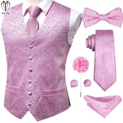 Hi-Tie Silk Mens Vests Jacquard Pink Paisley Waistcoat Necktie Bowtie Brooch Hanky Cufflinks Set for Men Suit Weddding Business