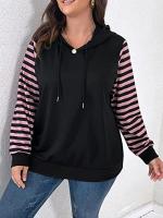 NOIRDA 2022 Winter Womens Plus Size Sweatshirt Fashion Plus Striped Print Drawstring Hoodie Work Casual Fashion Comfortable Warm (Color : Black, Size : X-Large)