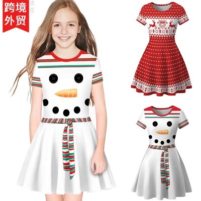 [COD] Cross-border spring and summer girls snowman print round neck short-sleeved dress mid-skirt A-line loose swing European foreign trade
