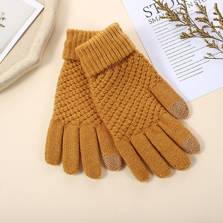 laogeliang-ถุงมือถักไหมพรมสำหรับผู้ชายถุงมือขนสัตว์สีพื้นสำหรับฤดูใบไม้ร่วงฤดูหนาว