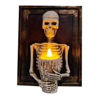 Halloween Led Candle Light Skeleton Framed Skeleton Torso Holding Candle Light Wall Ornament Horror Props Decoration