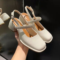 2022 Womens Sandals Elegant Crystal Buckle Strap Sandal Block High Heels PU Leather Ladies Shoes Summer Female Party Women Pump