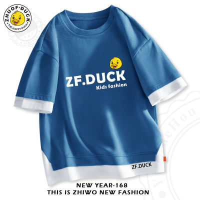 ZF.Duck เสื้อยืดลายการ์ตูนสำหรับเด็กหญิงเด็กชาย,เสื้อยืดแขนสั้นเปิดไหล่สำหรับเด็กใส่ในฤดูร้อนเสื้อผ้าสองชิ้นปลอมทรงหลวม0000แขนสั้นครึ่งแขน